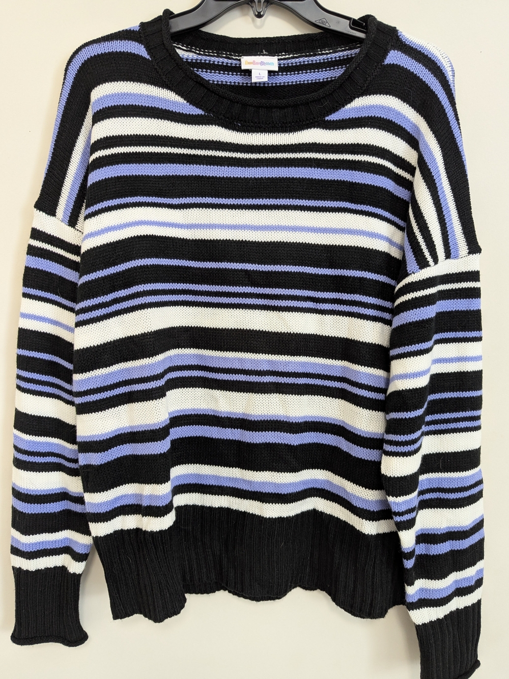 LuLaRoe Harper Black, White & Light Blue Striped Crewneck Sweater